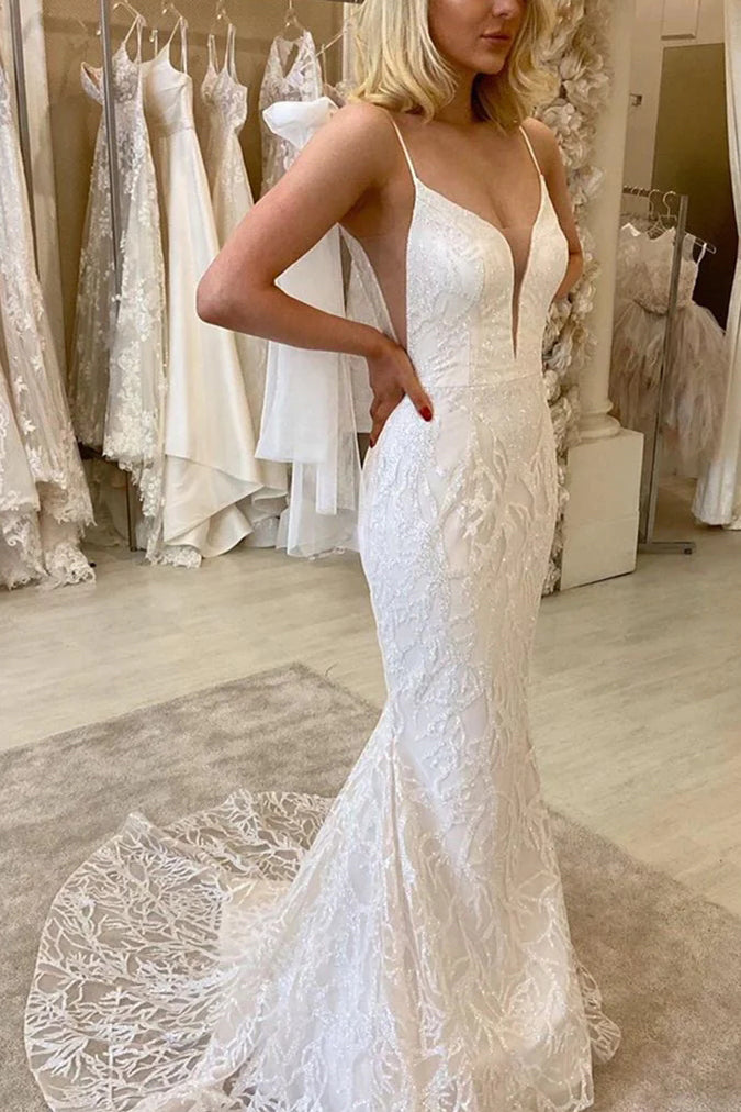 Beautiful Mermaid Spaghetti Straps V neck Lace Wedding Dresses with Detachable Train OW0057