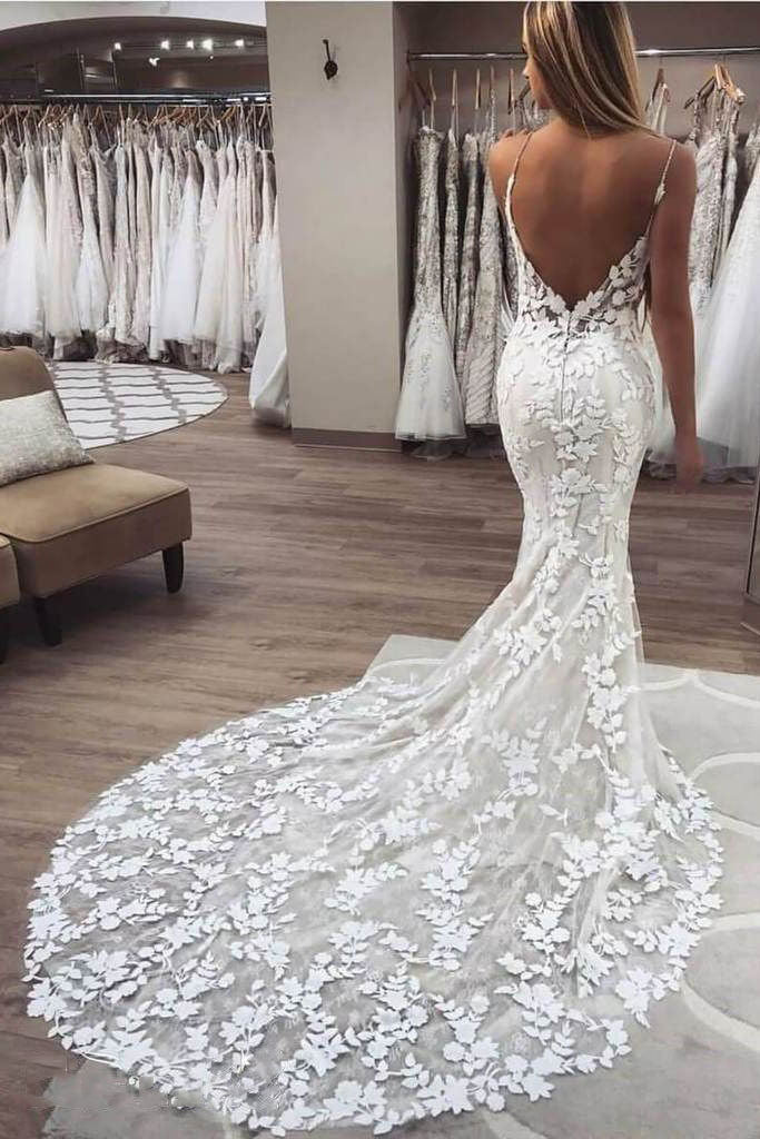 Mermaid Spaghetti Straps Lace Wedding Dresses, Sexy V neck Backless Wedding Gowns OW0083