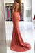 Mermaid Spaghetti Straps V neck Cross Back Prom Dresses with Slit, Formal Evening Dress OM0281