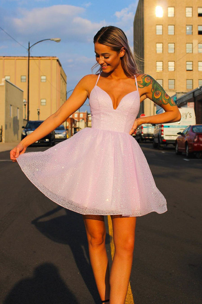 Simple A line Spaghetti Straps V neck Short Cocktail Dresses Homecoming Dresses OMH0011