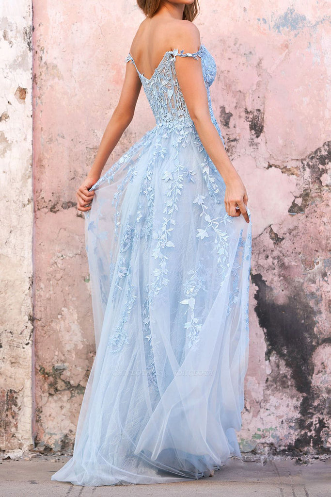 Sky Blue Off The Shoulder Lace Appliques Prom Dress, A Line Sweetheart Dance Dress OM0307