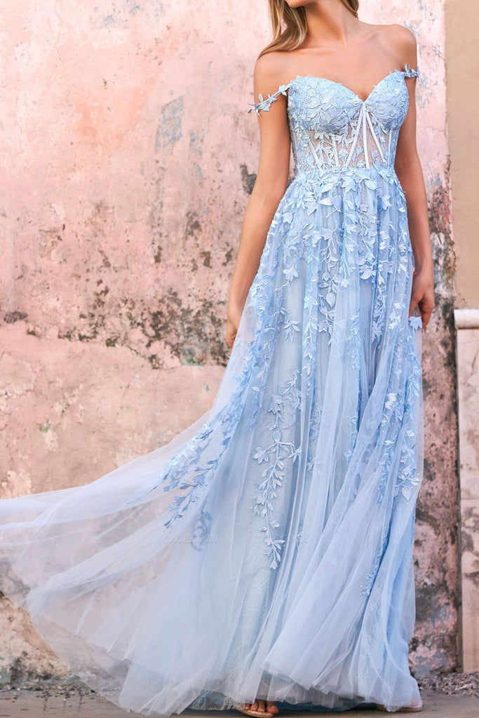 Sky Blue Off The Shoulder Lace Appliques Prom Dress, A Line Sweetheart Dance Dress OM0307