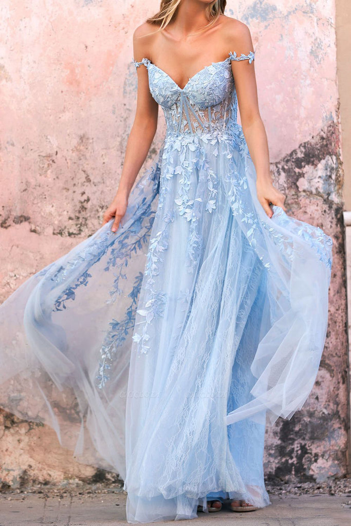 Sky Blue Off The Shoulder Lace Appliques Prom Dress, A Line Sweetheart Dance Dress OM0307