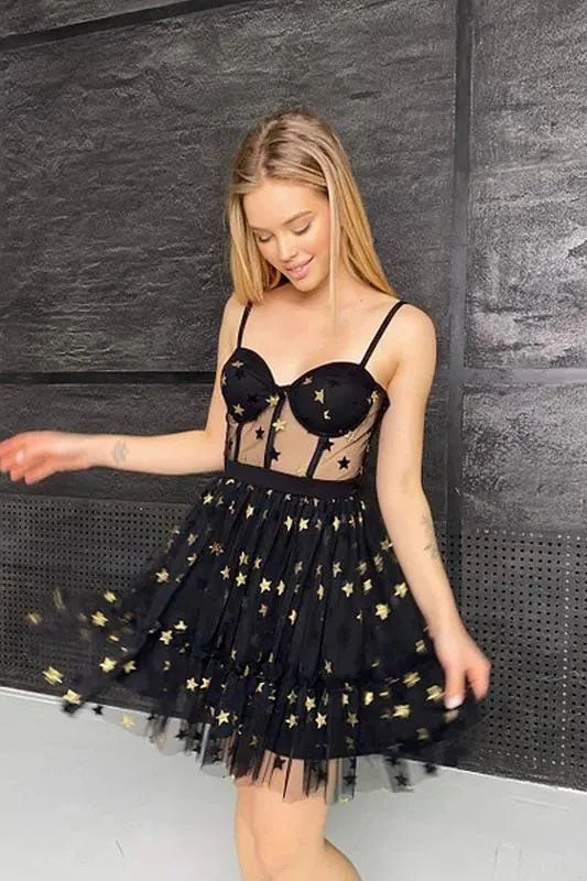 Unique Spaghetti Straps A line Black Sweetheart Tulle Homecoming Dress with Stars OMH0117