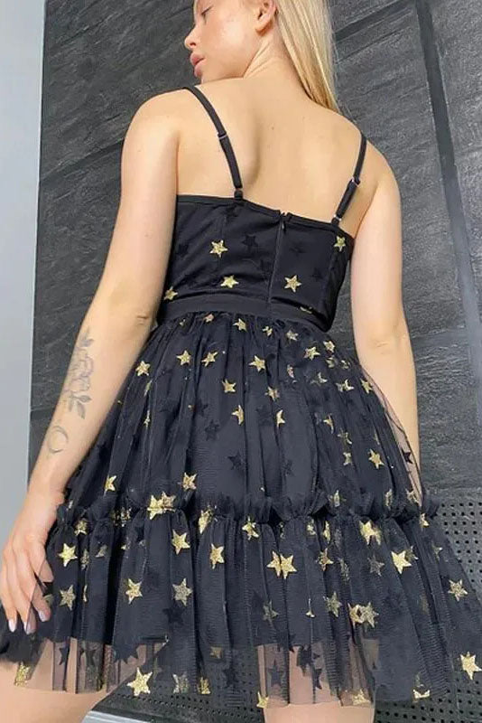 Unique Spaghetti Straps A line Black Sweetheart Tulle Homecoming Dress with Stars OMH0117