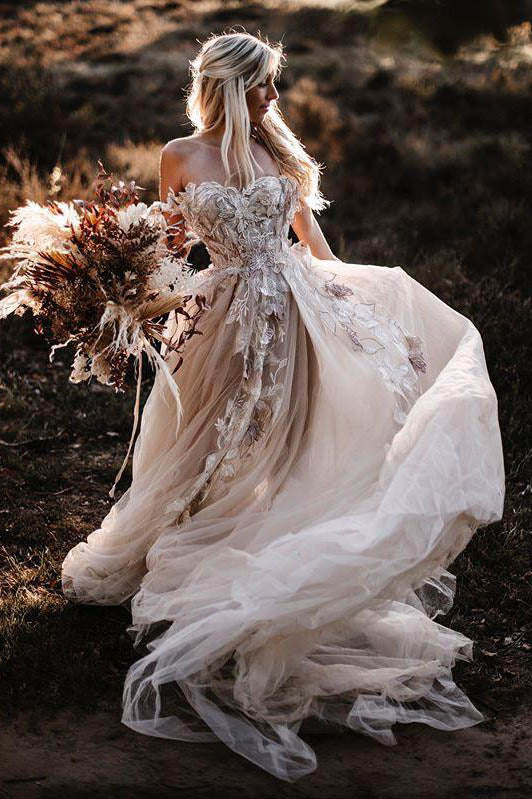 Elegant A line Off The Shoulder Lace Appliques Beach Wedding Dresses, Bridal Gowns OW0115