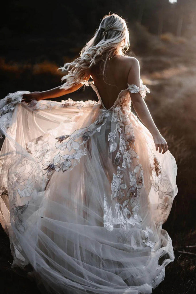 Elegant A line Off The Shoulder Lace Appliques Beach Wedding Dresses, Bridal Gowns OW0115