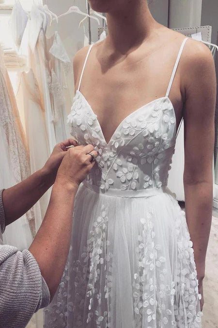 Beautiful A line Spaghetti Straps V Neck Tulle Wedding Dress, Sleeveless Bridal Gowns OW0122