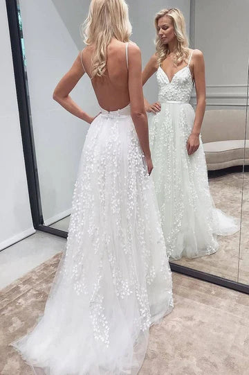 Beautiful A line Spaghetti Straps V Neck Tulle Wedding Dress, Sleeveless Bridal Gowns OW0122