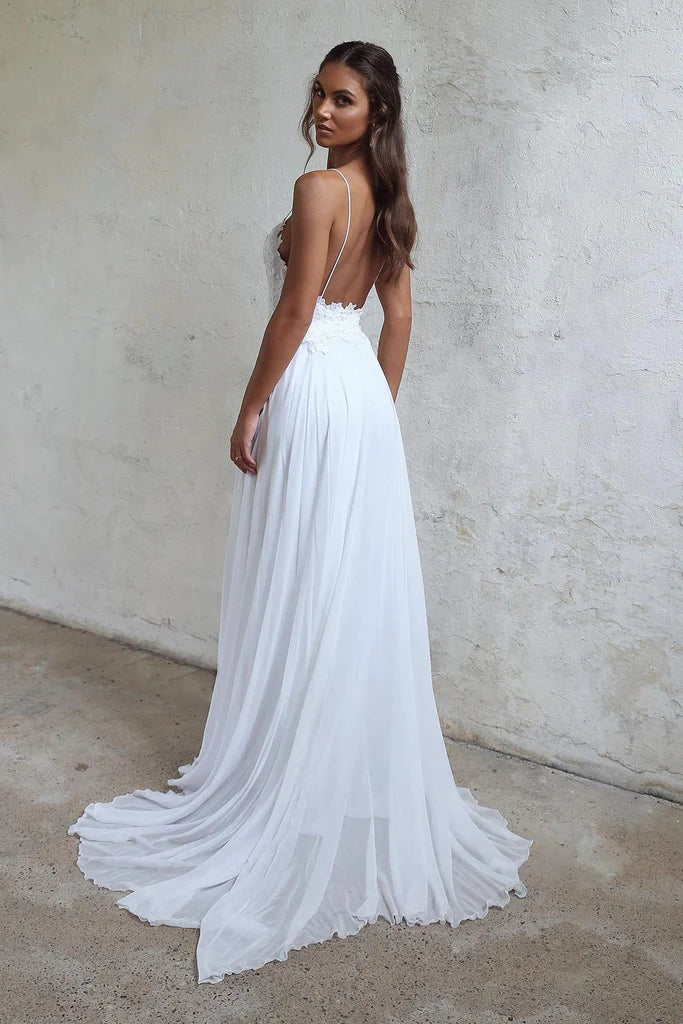 A Line Lace Long White Spaghetti Straps Chiffon Bridal Dresses, Beach Wedding Dress OW0049