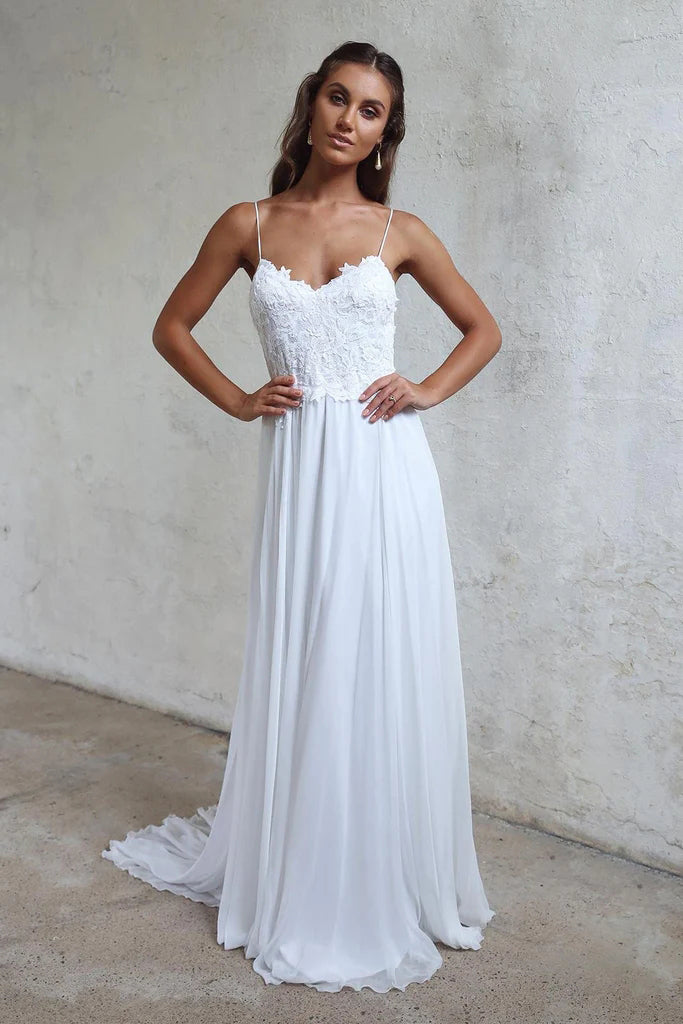 A Line Lace Long White Spaghetti Straps Chiffon Bridal Dresses, Beach Wedding Dress OW0049
