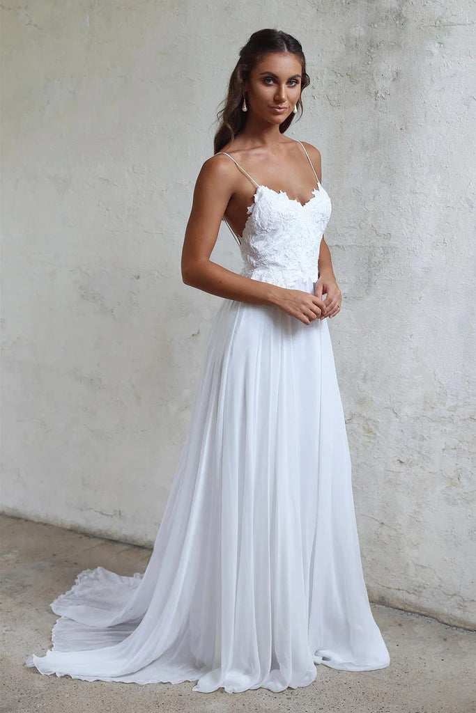 A Line Lace Long White Spaghetti Straps Chiffon Bridal Dresses, Beach Wedding Dress OW0049