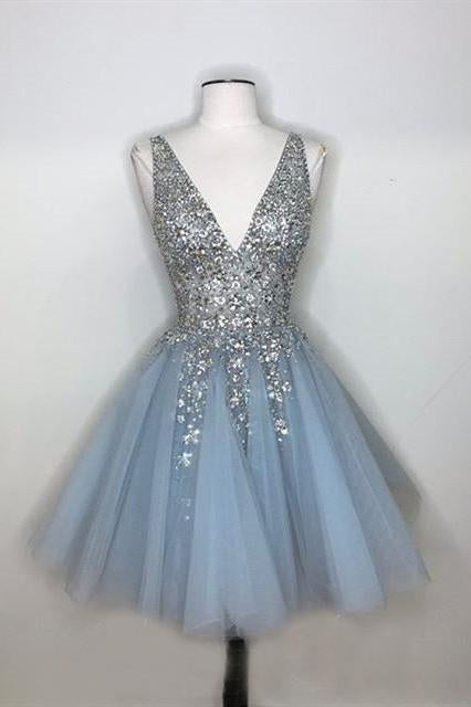 Sparkly A-line Deep V-neck Light Blue Short Homecoming Dresses PDO64