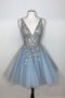 Sparkly A-line Deep V-neck Light Blue Short Homecoming Dresses PDO64