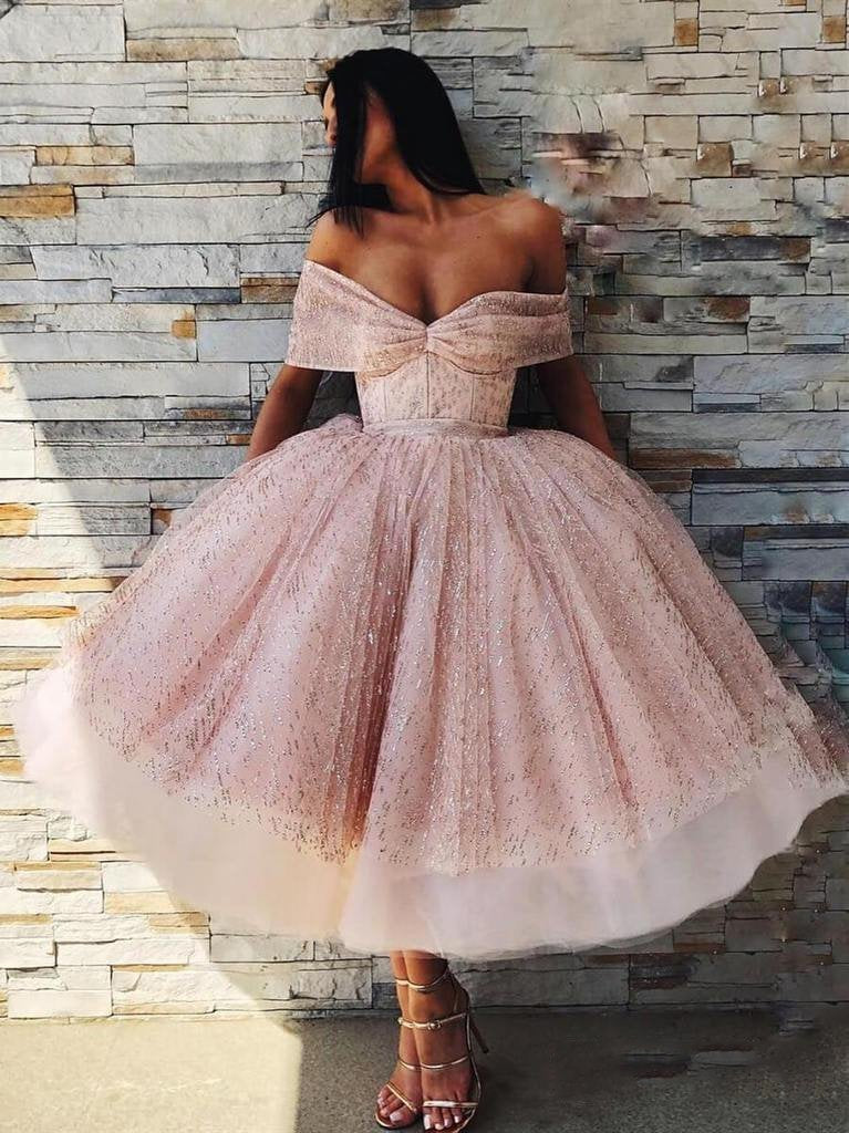 Off the Shoulder Sparkly Pink Tea Length Ball Gown Prom Dresses PDI5