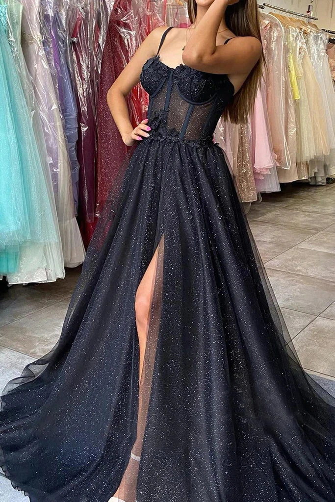 Glitter Black Spaghetti Straps V Neck Tulle Party Dresses, Long Formal Dress With Slit OM0316