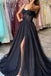 Glitter Black Spaghetti Straps V Neck Tulle Party Dresses, Long Formal Dress With Slit OM0316