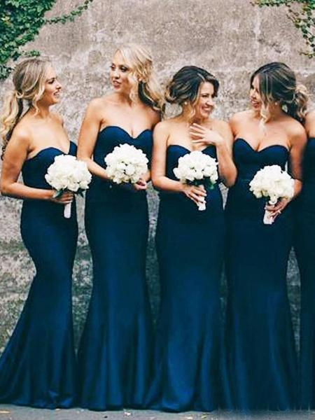 Sweetheart Mermaid Navy Blue Bridesmaid Dresses Wedding Party Dress PDO15