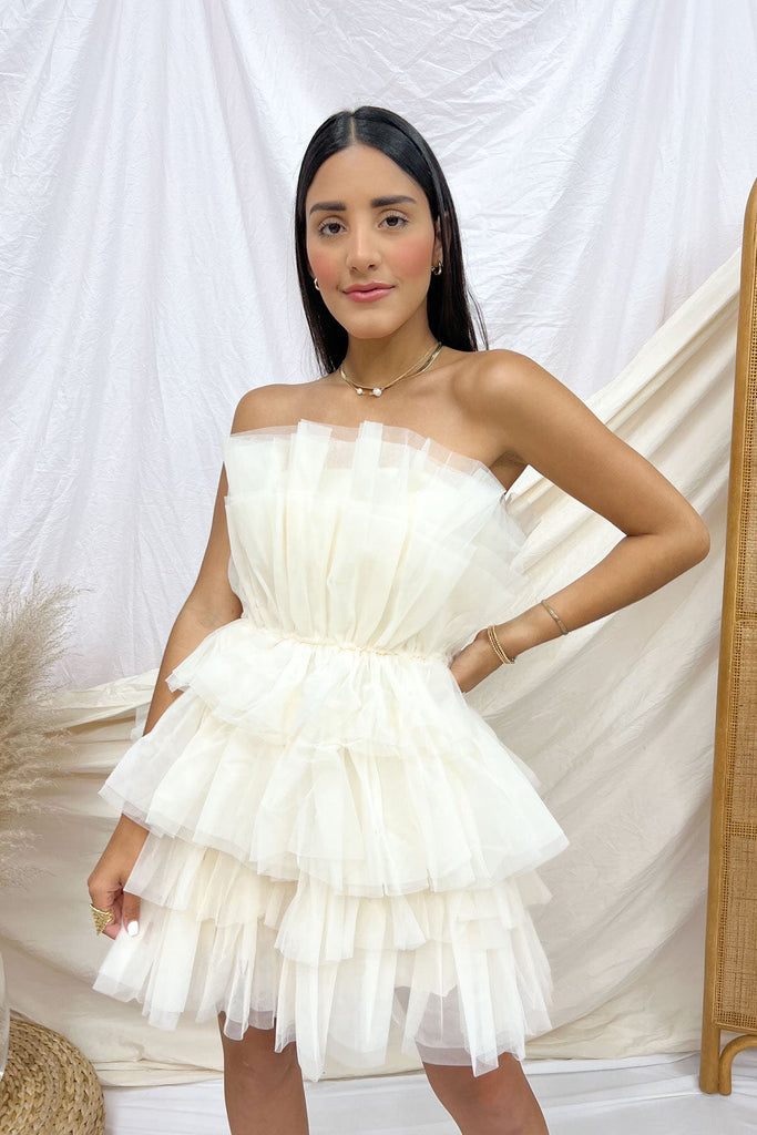 Cute A Line Ivory Strapless Short Homecoming Dress, Tiered Graduation Dresses OMH0195