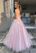 Pink Strapless A line Sweetheart Lace Long Prom Dresses, Tulle Formal Party Dresses OM0292