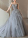 Charming A Line Tulle Strapless Gray Lace Long Prom Dresses, Sleeveless Evening Dress OM0193