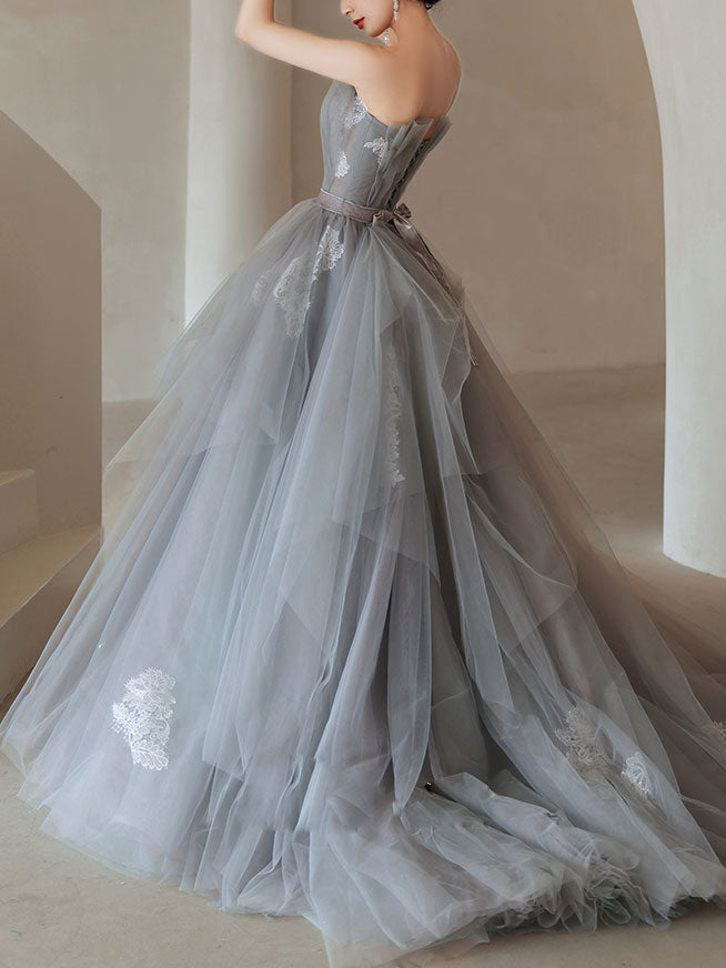 Charming A Line Tulle Strapless Gray Lace Long Prom Dresses, Sleeveless Evening Dress OM0193