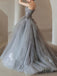 Charming A Line Tulle Strapless Gray Lace Long Prom Dresses, Sleeveless Evening Dress OM0193