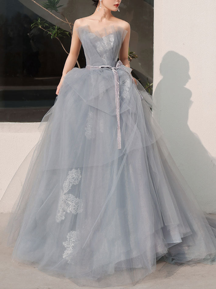Charming A Line Tulle Strapless Gray Lace Long Prom Dresses, Sleeveless Evening Dress OM0193