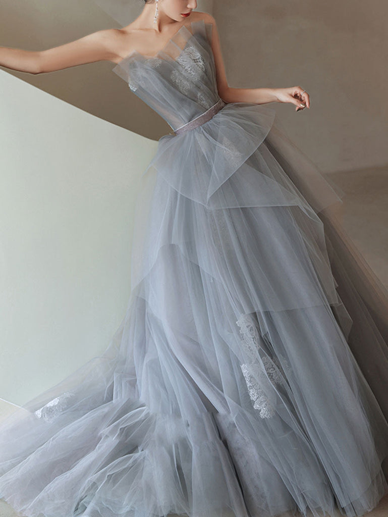 Charming A Line Tulle Strapless Gray Lace Long Prom Dresses, Sleeveless Evening Dress OM0193