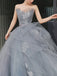 Charming A Line Tulle Strapless Gray Lace Long Prom Dresses, Sleeveless Evening Dress OM0193