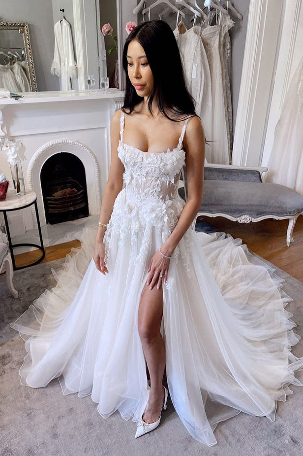 Princess A Line Spaghetti Straps Tulle Scoop Wedding Dresses With Slit, Bridal Dress OW0138