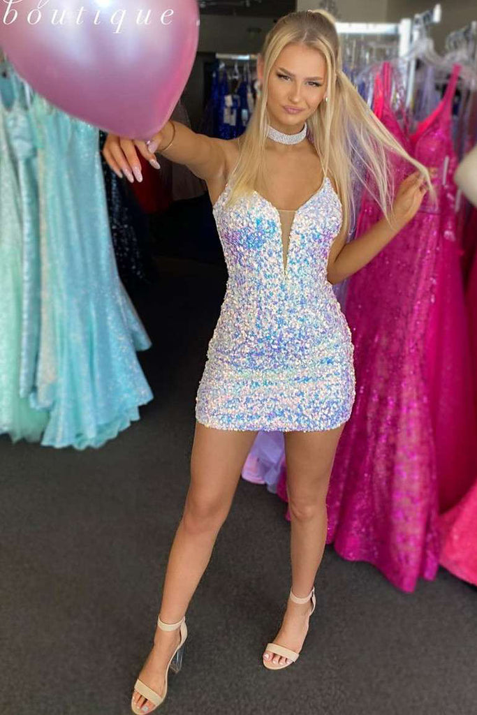 White Sequin Iridescent Spaghetti Straps Short Prom Dress with Lace up, Homecoming Dress OMH0220