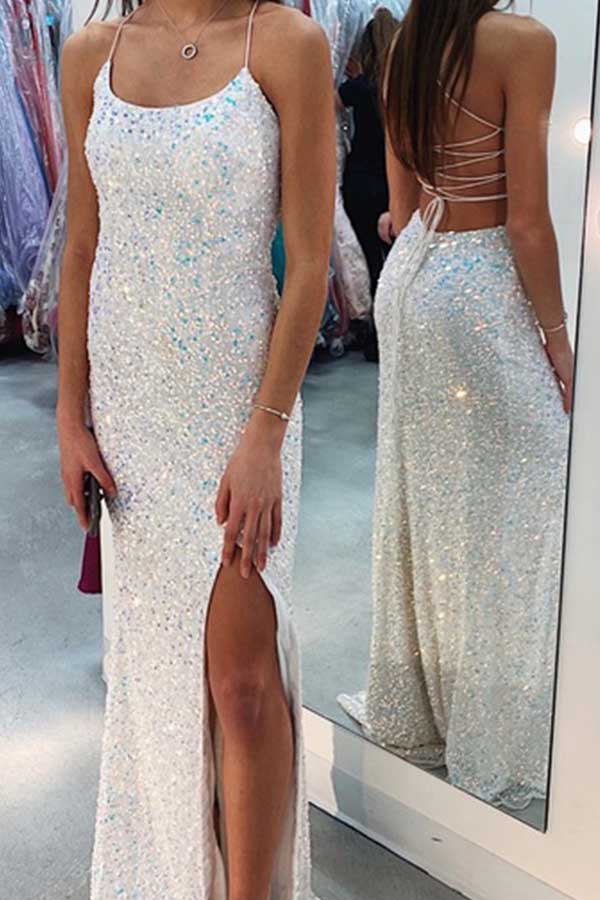 Sparkly Mermaid Sequin Ivory Prom Dresses, Long Formal Evening Dresses OM0016