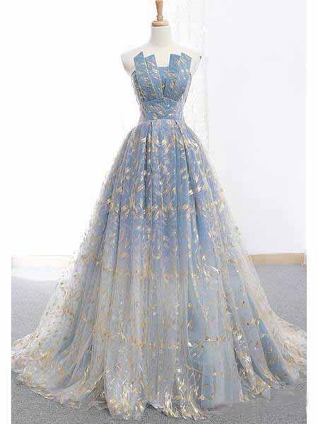 Blue and Gold Lace Ball Gown Prom Dresses, Sweet 16 Princess Quinceanera Dress PDH63