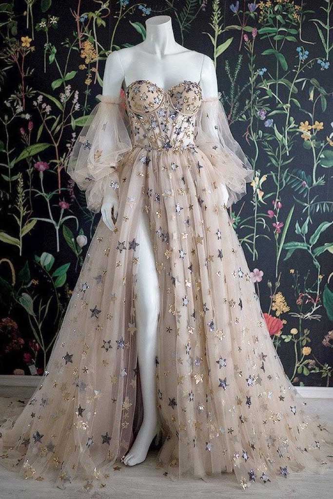Elegant A line Sweetheart Bubble Sleeves Tulle Prom Dresses with Stars, Formal Dresses OM0095