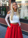 Two Piece Long Sleeves Cold Shoulder Red Long Prom Dress with White Lace Pockets PDI73