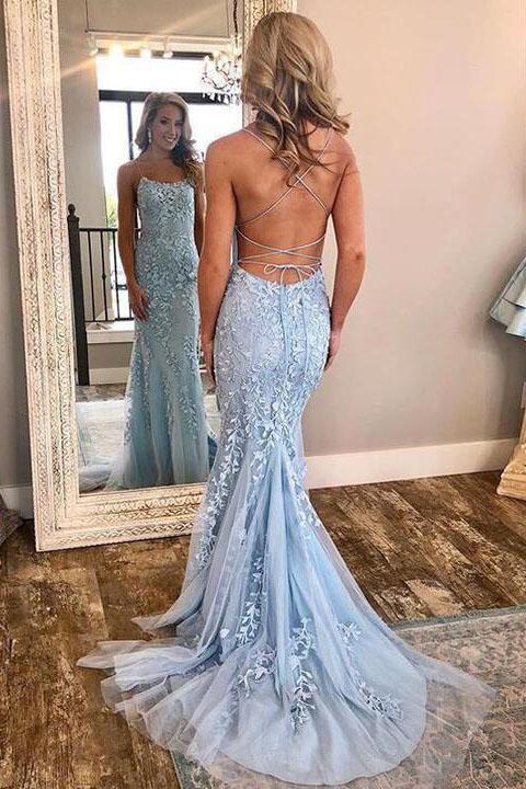 Burgundy Spaghetti Strap Mermaid Stunning Prom Dresses with Lace Appliques PDJ3