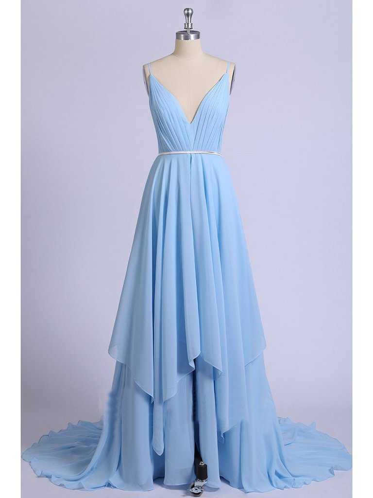Sexy Split Sky Blue Beach Simple Wedding Dresses Chiffon Long Prom Dress PDI21