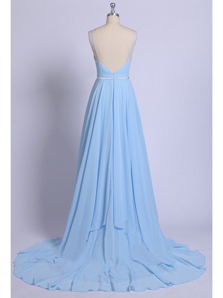 Sexy Split Sky Blue Beach Simple Wedding Dresses Chiffon Long Prom Dress PDI21