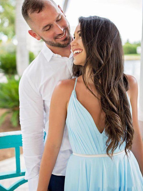 Sexy Split Sky Blue Beach Simple Wedding Dresses Chiffon Long Prom Dress PDI21