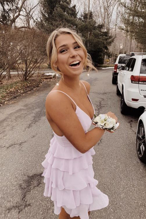 Cute A line Spaghetti Straps Chiffon Mini Sweet 16 Dress, Tiered Homecoming Dress OMH0239