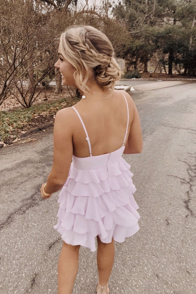 Cute A line Spaghetti Straps Chiffon Mini Sweet 16 Dress, Tiered Homecoming Dress OMH0239