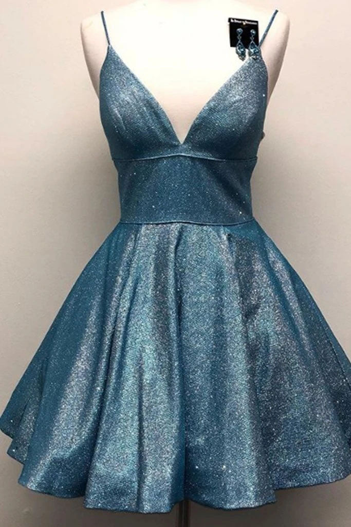 Sparkly Spaghetti V Neck Short Prom Homecoming Dresses, Sweet 16 Cocktail Dresses SK43