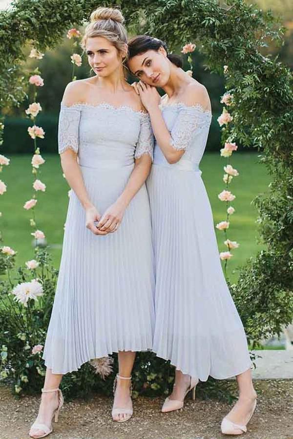 A-Line Off-the-Shoulder Short Sleeve Pleated Chiffon Bridesmaid Dress with Lace PDI45