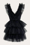 Plunging A line V Neck Tiered Tulle Black Mini Puffy Prom Dresses, Homecoming Dress OMH0145