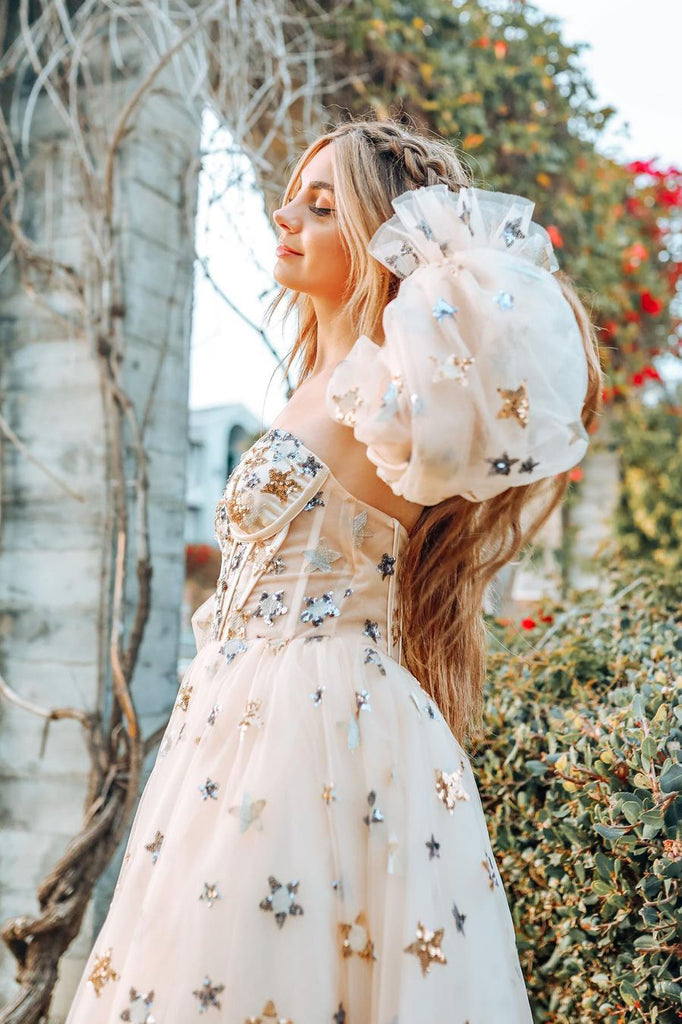 Princess A line Tulle Strapless Puffy Sleeves Long Prom Dresses with Stars, Evening Dress OM0234