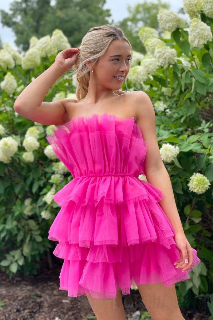 A Line Strapless Tulle Tiered Mini Dress, Hot Pink Sleeveless Homecoming Dress OMH0206