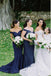Mermaid Off-the-Shoulder Sweep Train Dark Blue Satin Bridesmaid Dress PDR30