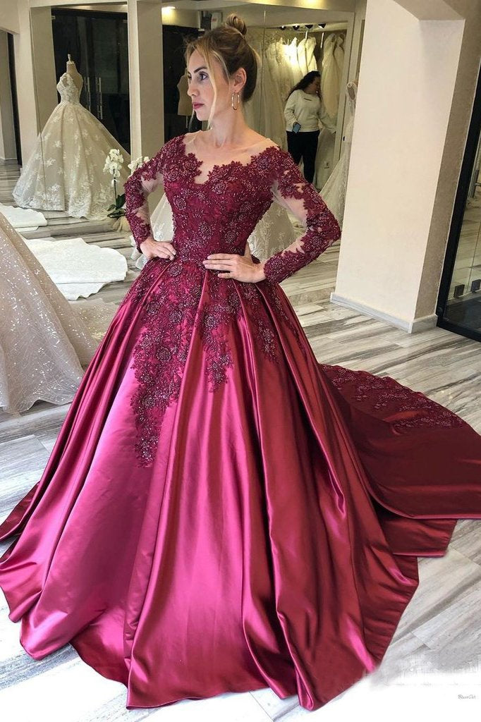 Long Sleeves Lace Appliques Burgundy Court Train Ball Gown Prom Dresses PDS8