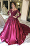 Long Sleeves Lace Appliques Burgundy Court Train Ball Gown Prom Dresses PDS8